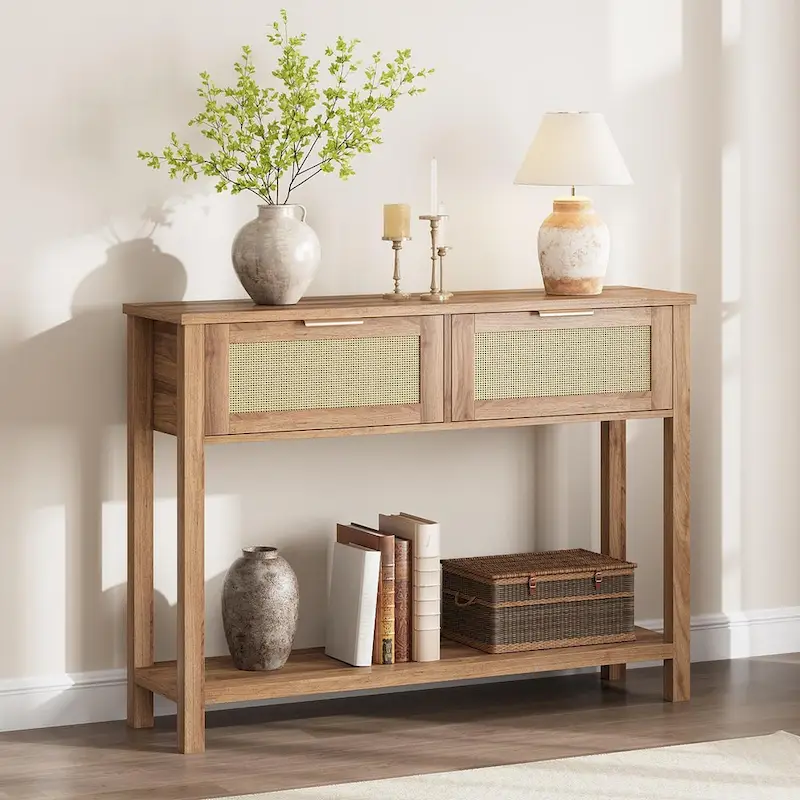 Brown / Natural Rattan & Wood Console Table with 2 Drawers & Lower Shelf – Boho Style