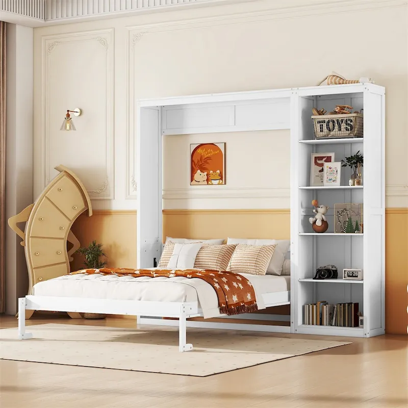 Grey / White Full Size Murphy Wall Bed with Cabinet & Shelves – Single