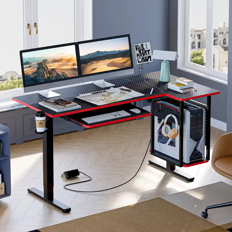 57 inch Electric Standing Desk Adjustable Height L Shaped Desk with Keyboard Tray and Host Shelf