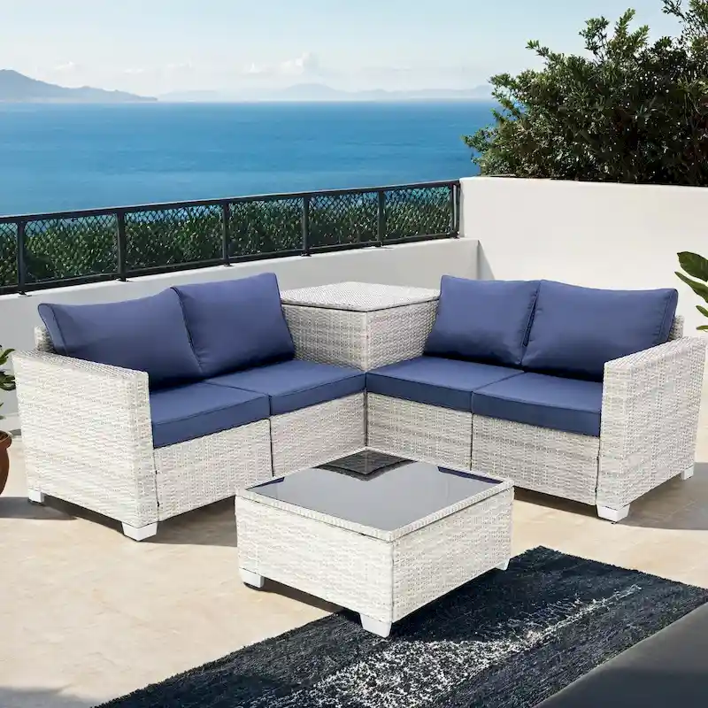 4-Pieces Gray Wicker Outdoor Sectional Set with Cushions and Storage Box