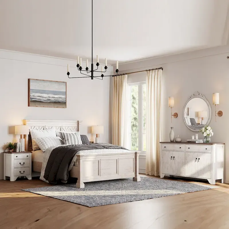 WAMPAT Farmhouse 3PCS Bedroom Set, 59  W Large Sideboard Buffet Cabinet,and Wood Nightstands Set of 2 with Charging Station