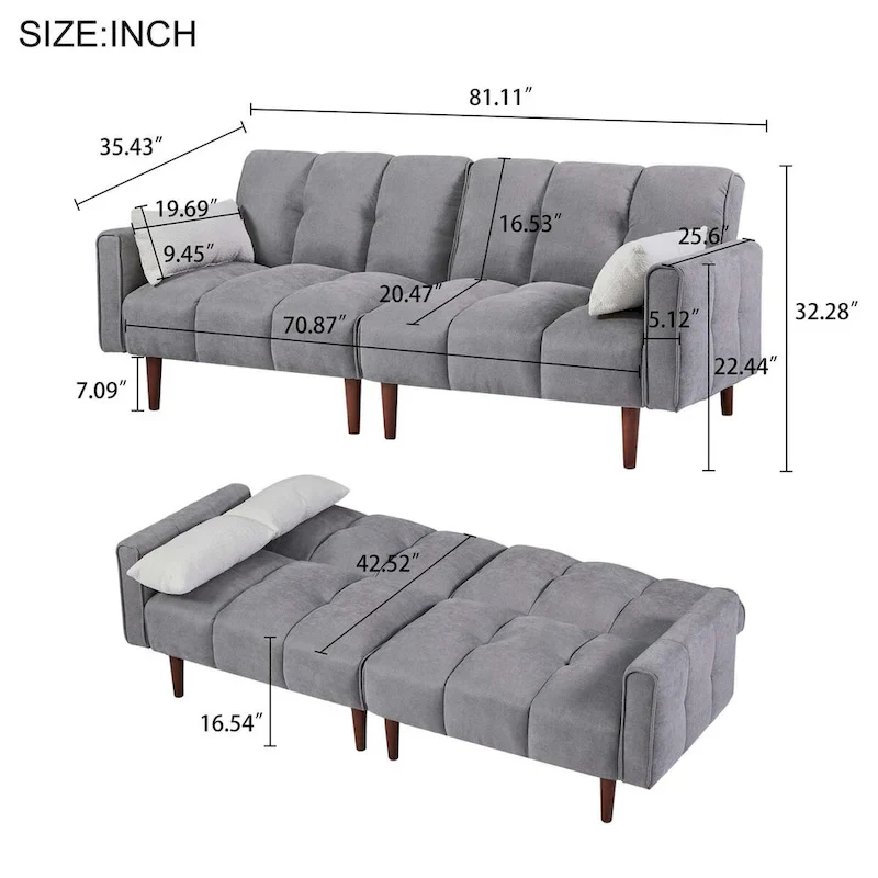 Convertible Futon Sofa Bed, Adjustable Couch Sleeper, Modern Fabric Linen Upholstered Futon Sofa bed with 2 Pillows