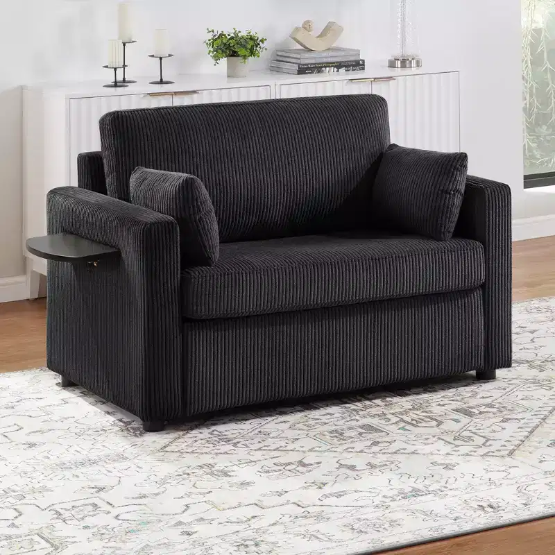 Gray Corduroy Convertible Sleeper Sofa, 1-Seat, with Foldable Table & USB Ports