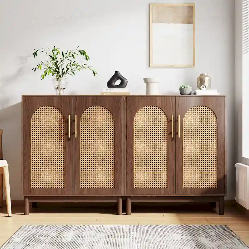 Set of 2 Rattan Sideboard, 59 Inch Buffet Cabinet with Doors, Accent Cabinet