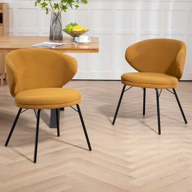 Boucle Dining Chair with Black Iron Legs, Set of 2