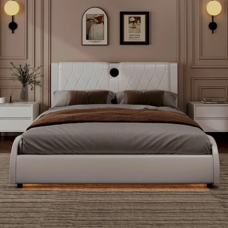 King LED Bed Frame with Bluetooth Speakers & Leather Upholstery