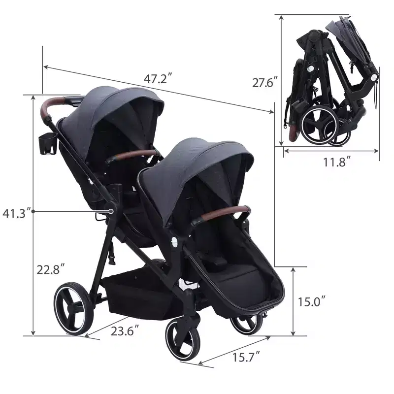 Foldable double stroller for newborns and toddlers with a reversible seat, five-point safety harness, adjustable backrest, and canopy storage basket