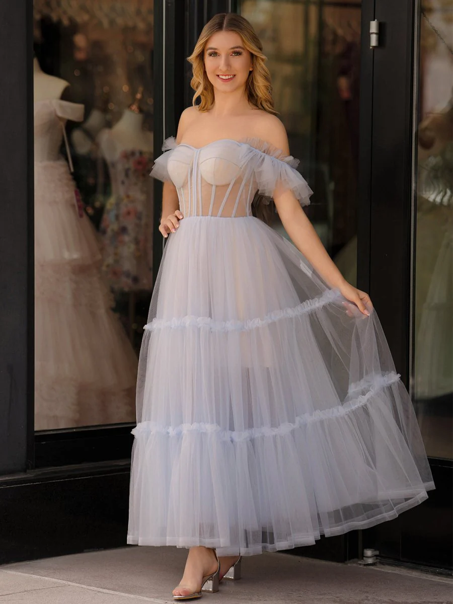 A-Line Corset Ruffled Tulle Prom Dress