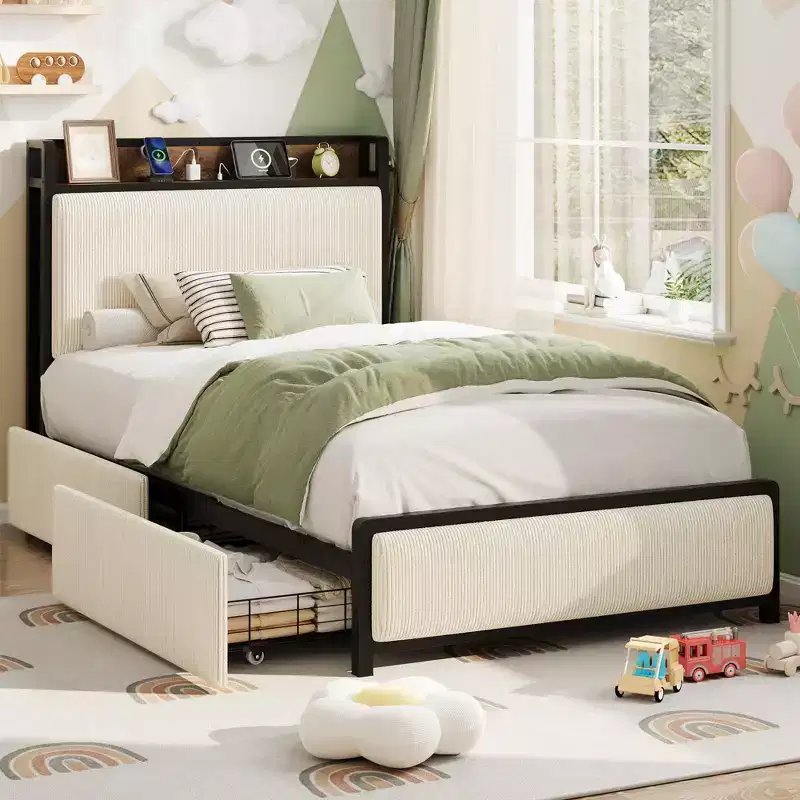 Twin Upholstered Platform Bed Frame with Storage Drawers & Headboard, Charging Station, Tufted Soft, Heavy Duty Metal & Wood, No Box Spring, Black