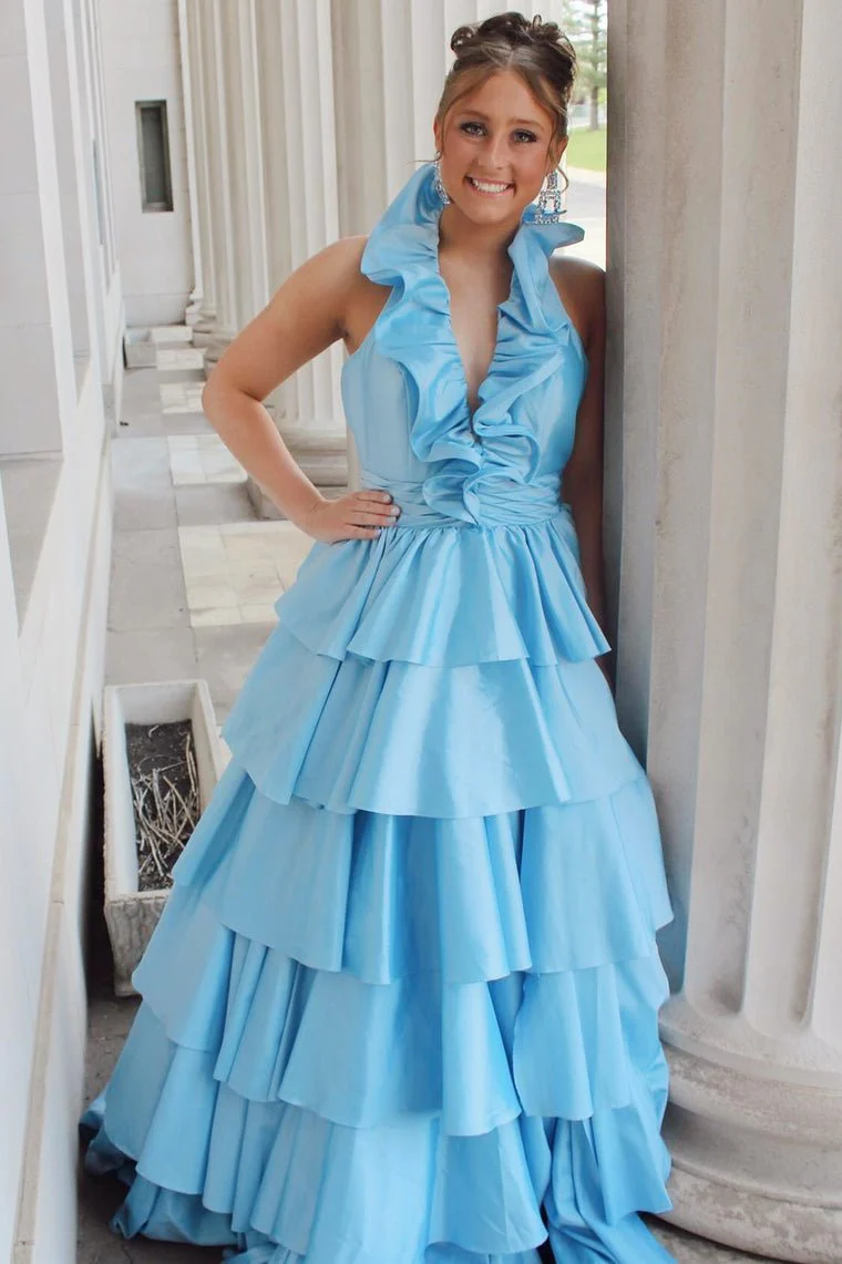 Halter Red Ruffle Tiered A-Line Prom Dress