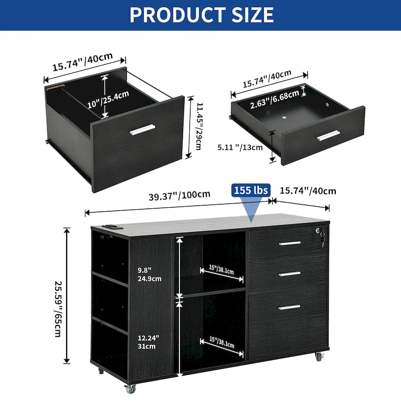 Brown Mobile Wood Lateral File Cabinet with Charging Station & Lock