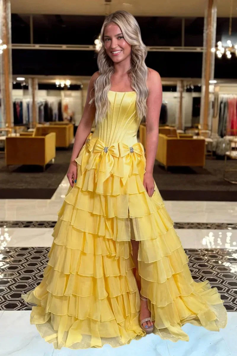 Yellow - Scoop Neck A Line Chiffon Tiered Prom Dresses With Bowknot