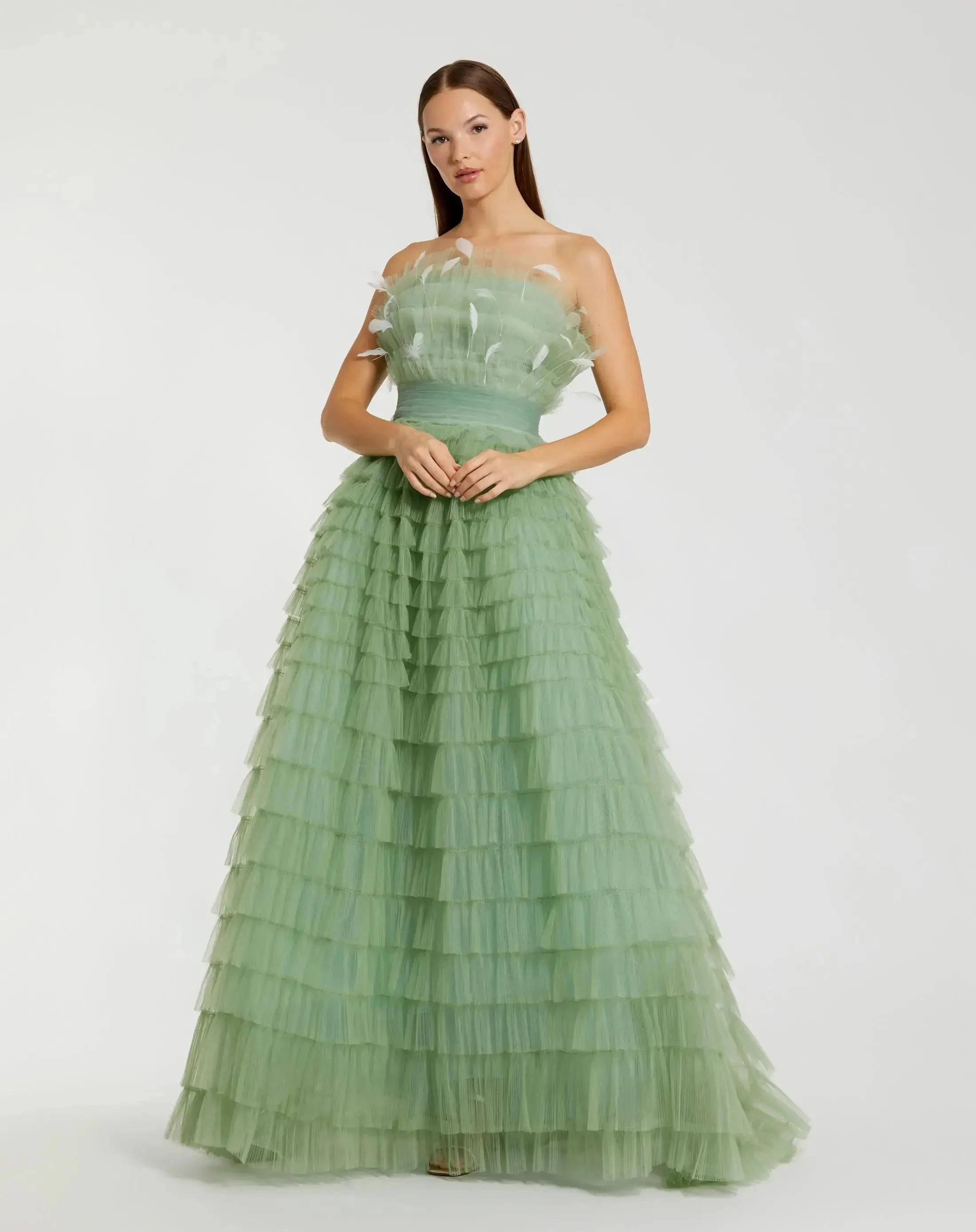 Green Strapless Ruffle Gown with Feathers