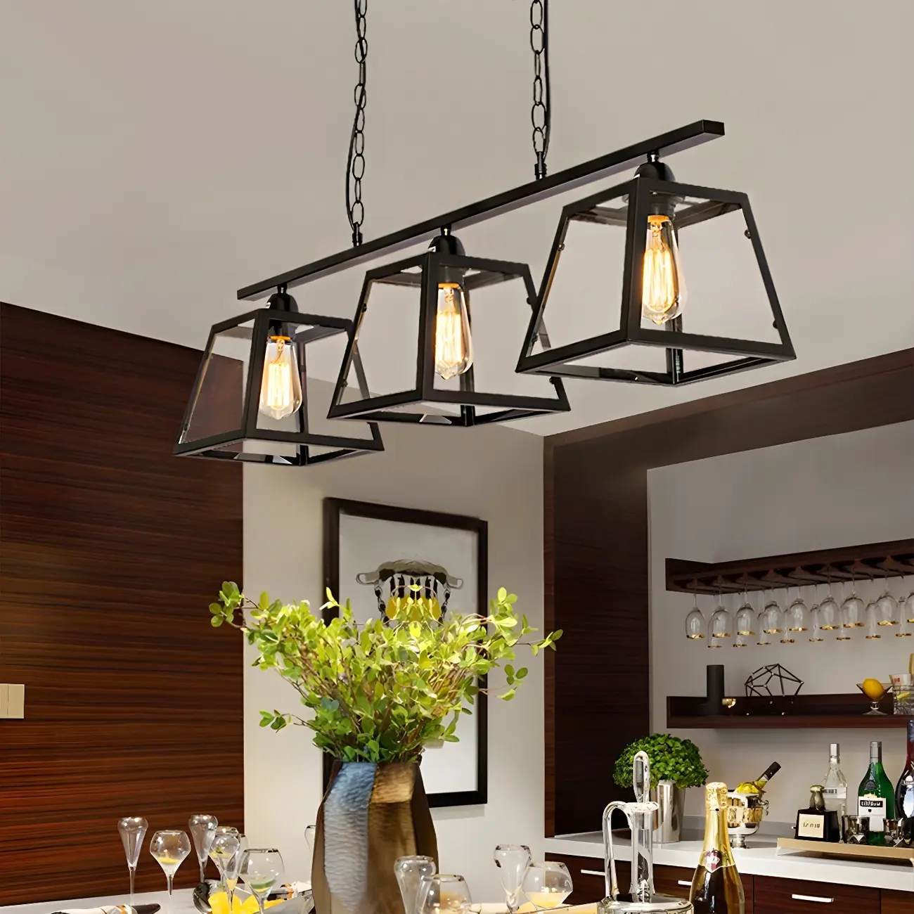 Industrial Black Metal 3-Light Pyramid Island Pendant Light
