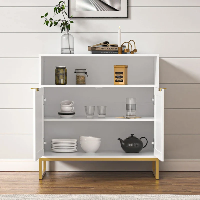 Brown/White Particle Board & Rattan 2-Door Sideboard Buffet Cabinet with Adjustable Shelf