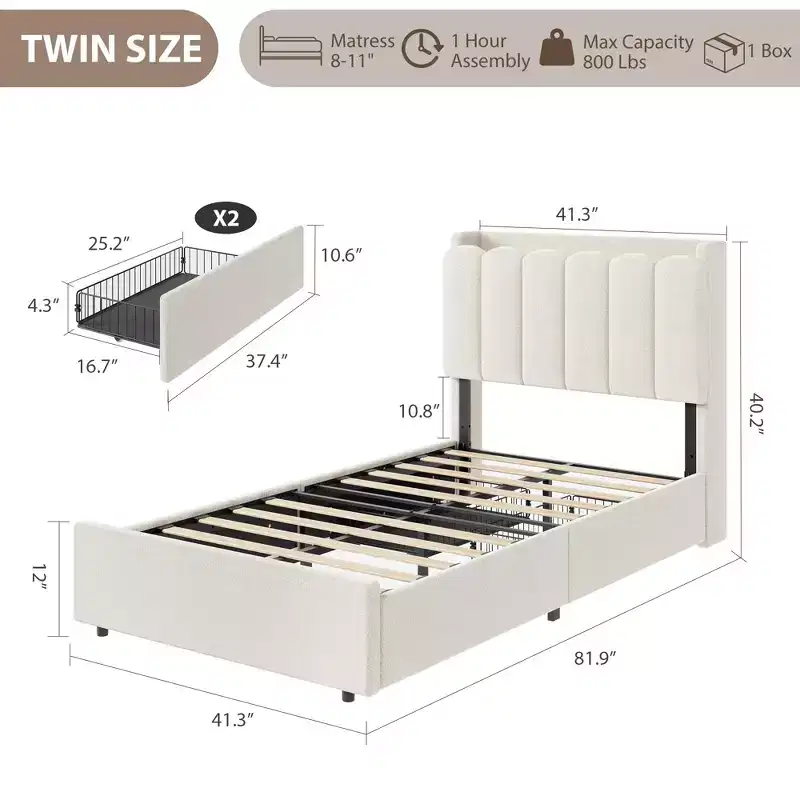 Twin XL Boucle Upholstered LED Bed Frame with Wavy Storage Headboard & Bookcase, Kids Bed with 2 Drawers for Girls, No Box Spring Required