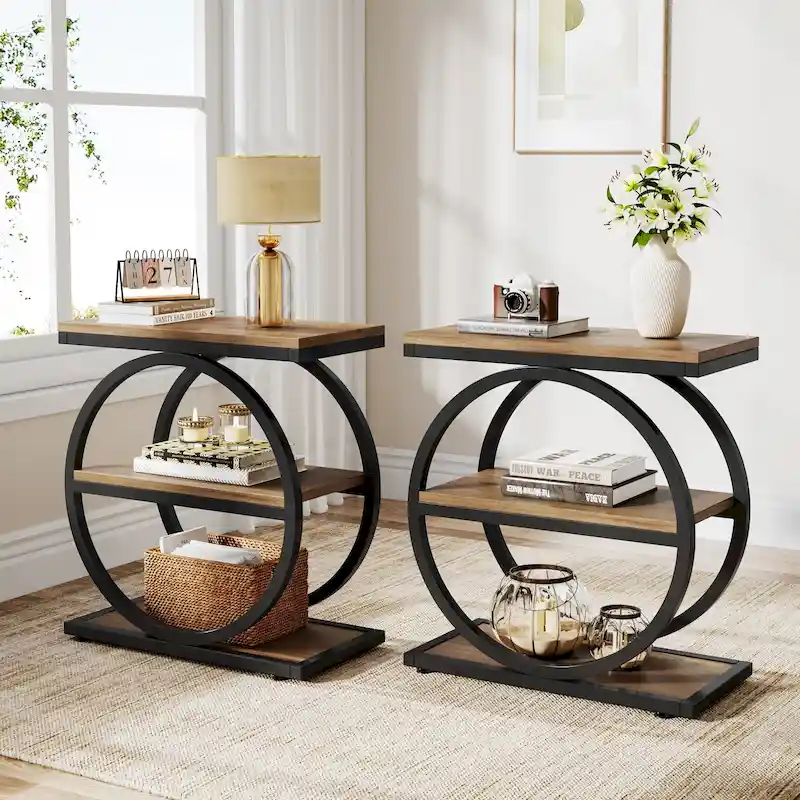 Industrial 3-Shelf Narrow End Table – Brown / Grey / Oak / Yellow