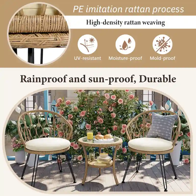 3 Piece Outdoor Leisure Set, Patio Bistro Set Conversation Set Includes 2 Rattan Single Chairs and a Glass Round Table