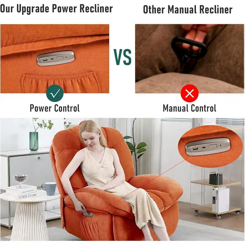 Swivel Power Recliner Chair, Massage Rocker with Heat, USB, USB-C and Side Pocket