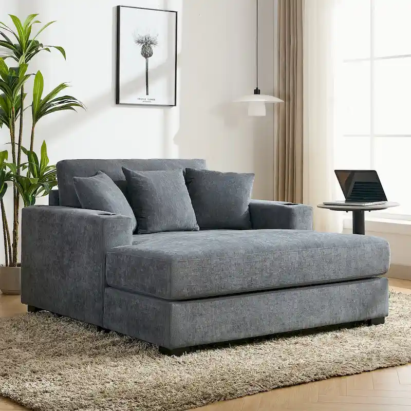 Chenille Fabric Oversized Chaise Lounger with Charging Station