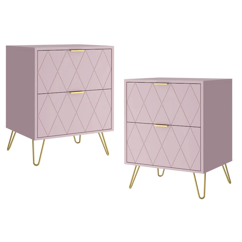 Set of 2 Nightstand 2 Drawer End Side Table Bedside Metal Legs Modern Bedroom Living Room