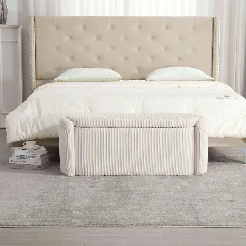 Bedroom End Bench,Upholstered Fabric Storage Ottoman with Safety Hinge, Entryway Padded Footstool,
