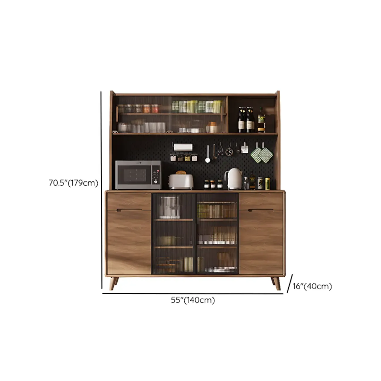 Kitchen Brown Wooden Hutch Top Sideboards with Pegboard Back