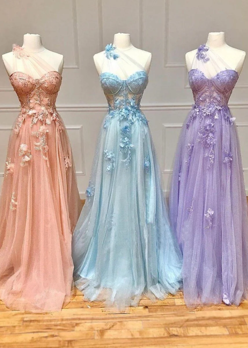 A Line One Shoulder Black Long Prom Dress with Appliques