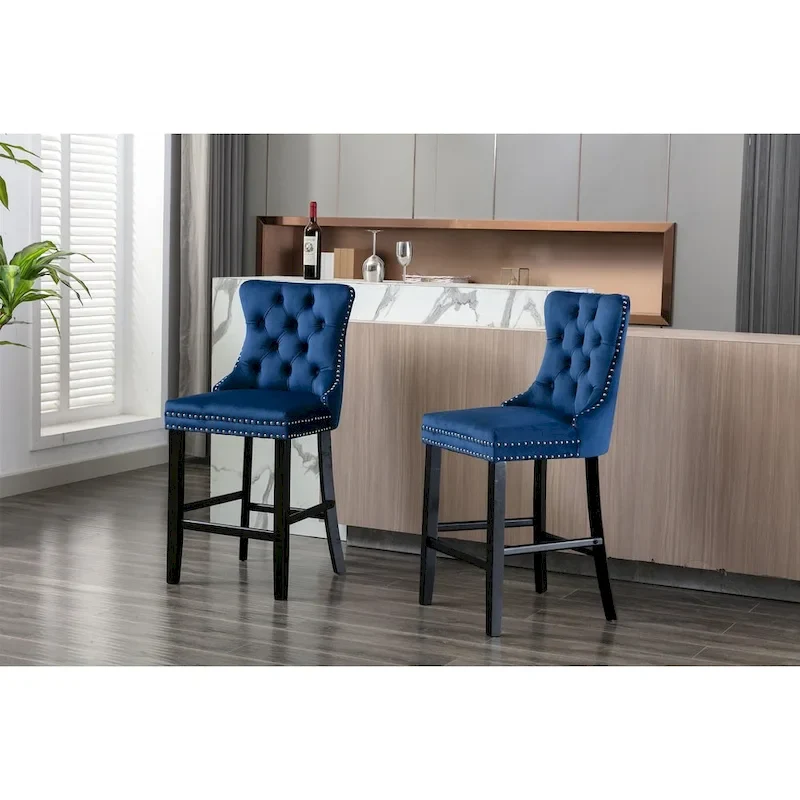 Contemporary Velvet Upholstered Barstools with Button Tufted Decoration and Wooden Legs, and Chrome Nailhead Trim, Set of 2