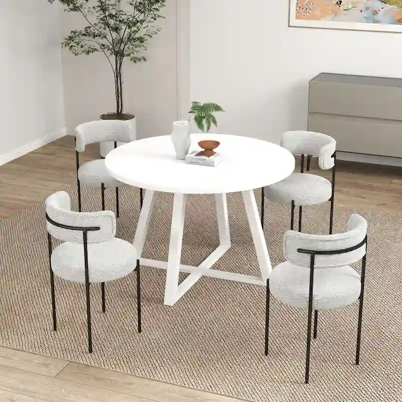 Durban 5-Piece Round Dining Set, Trestle Dining Table with 4 Boucle Chairs for Breakfast Nook, Kitchen, Living Room