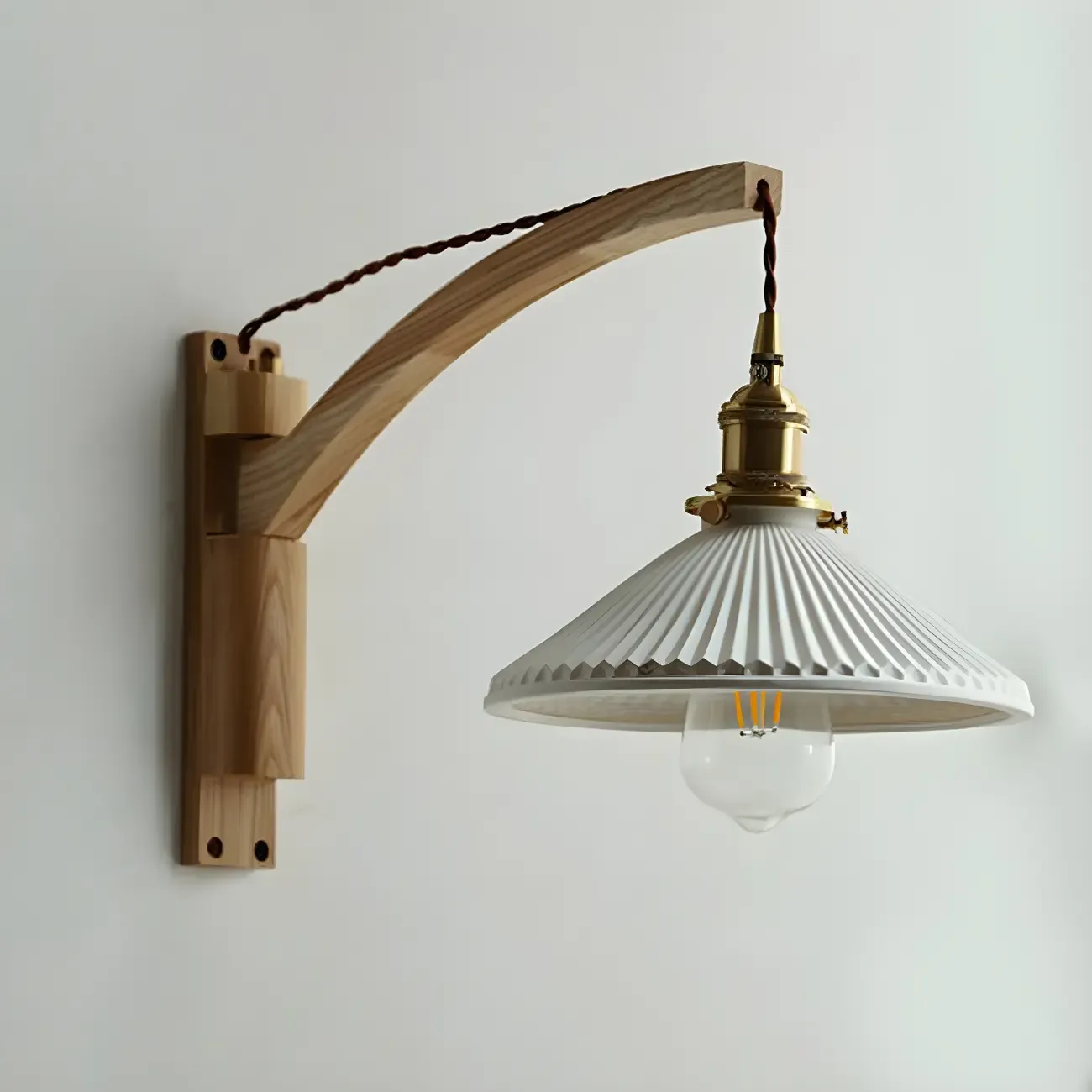 Rustic Wood Brass White Adjustable Swing Arm Wall Light