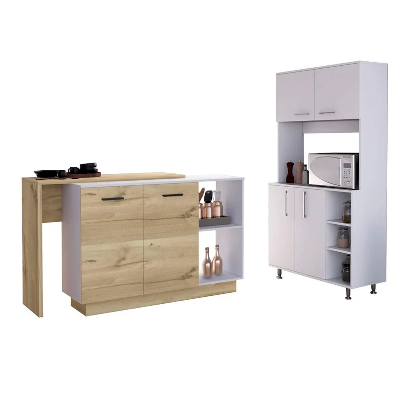 Kitchen Island & Pantry Cabinet with 6 Shelves - White & Light Oak