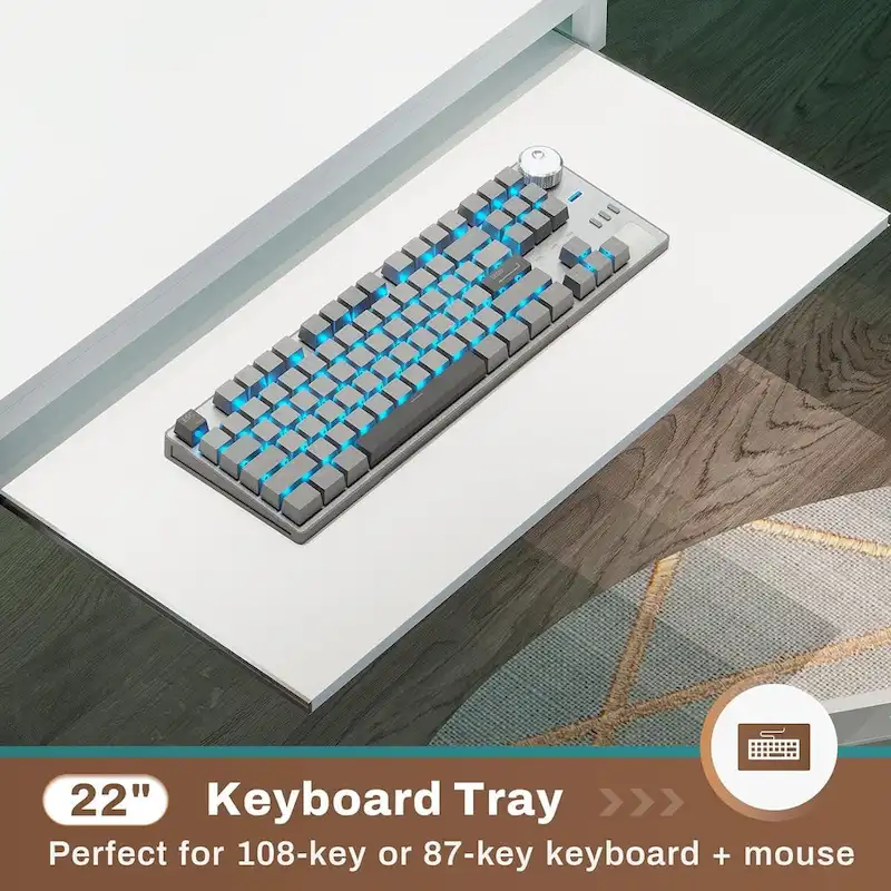 L Shaped Computer Desk Gaming Desk Keyboard Tray Power Outlets & LED