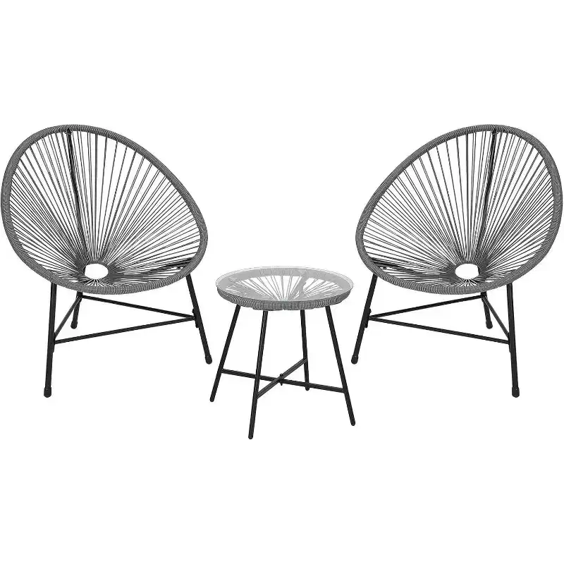 Acekool 3-Piece Acapulco Patio Bistro Set with Glass Top Table & 2 Wicker Chairs, All-Weather Outdoor Seating for Balcony and Backyard, Grey