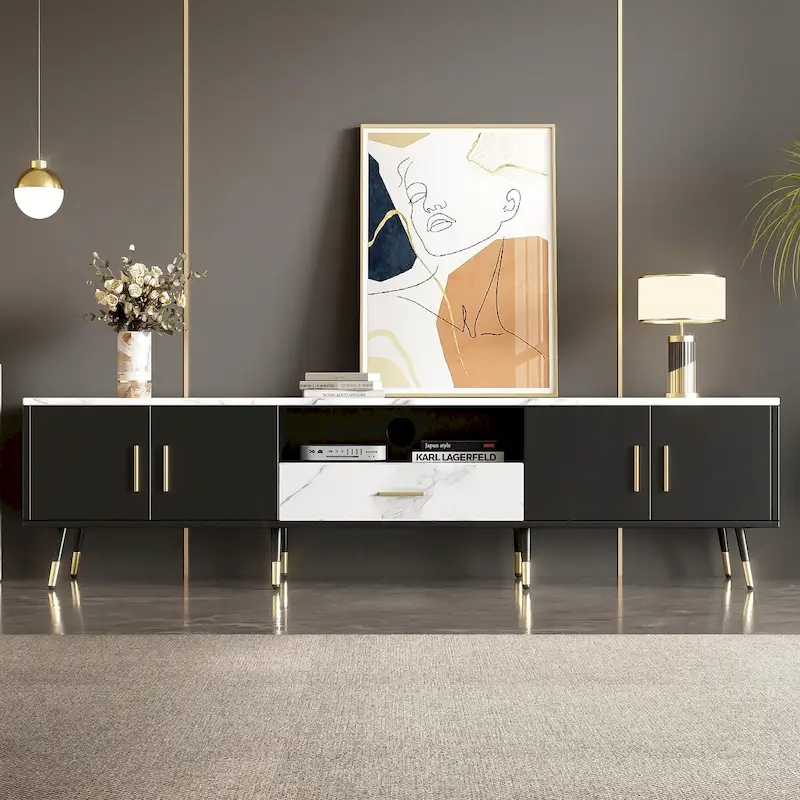 Modern TV Stand with 2 Cabinets& Open Compartments, Television Console for Living Room, Bedroom