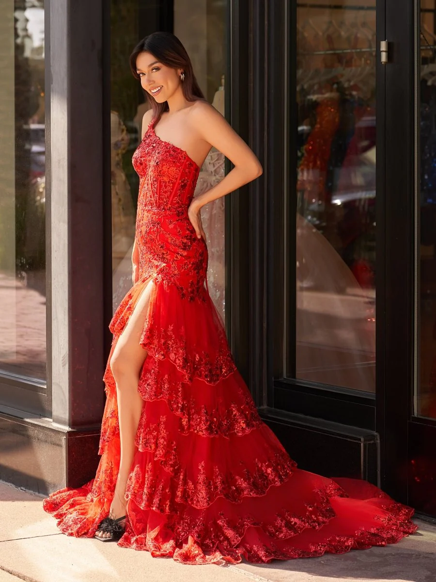 Sheath One Shoulder Tiered Lace Long Prom Dress