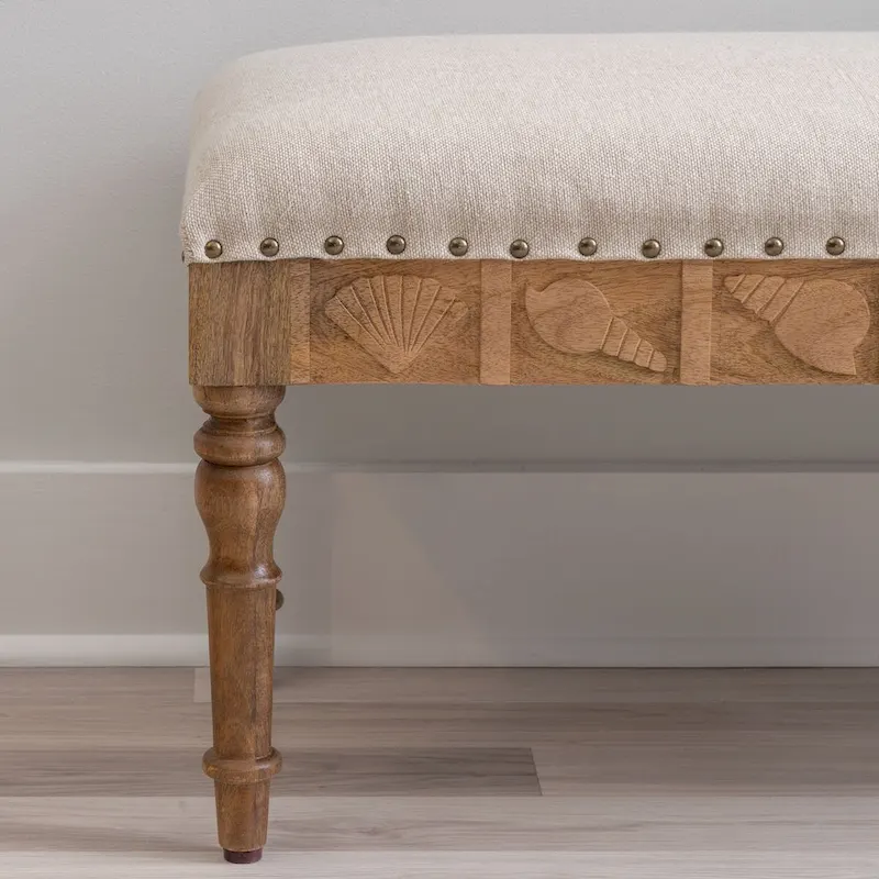 Seashell Upholstered Entryway Bench – Mango Wood, 400 lb Capacity