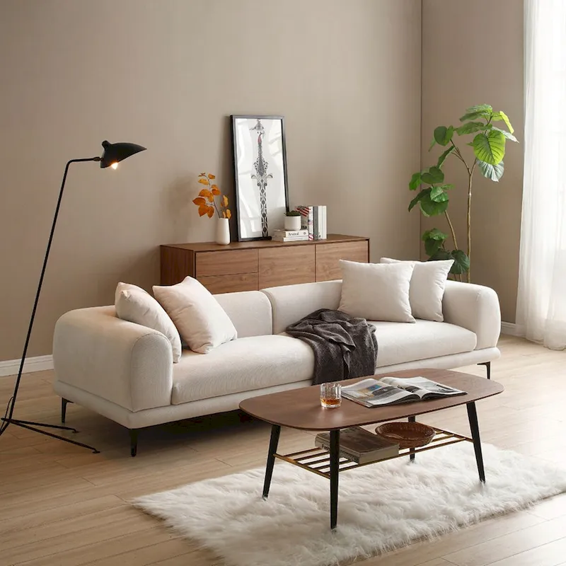 Fabric Sofa with Recessed Arms & Metal Legs – Blue / Beige, Mid-Century Modern, Seats 4