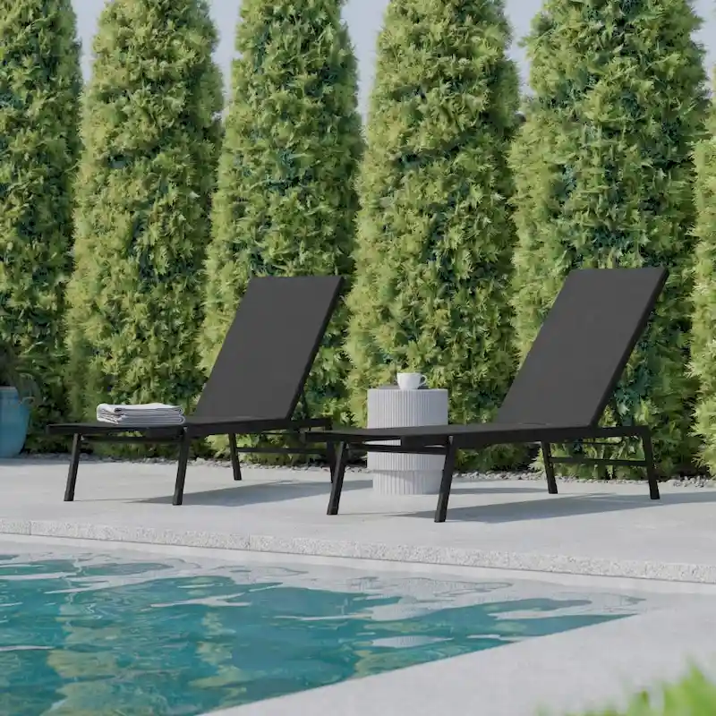 Set of 2 All-Weather Textilene Adjustable Chaise Lounge Chairs with Arms
