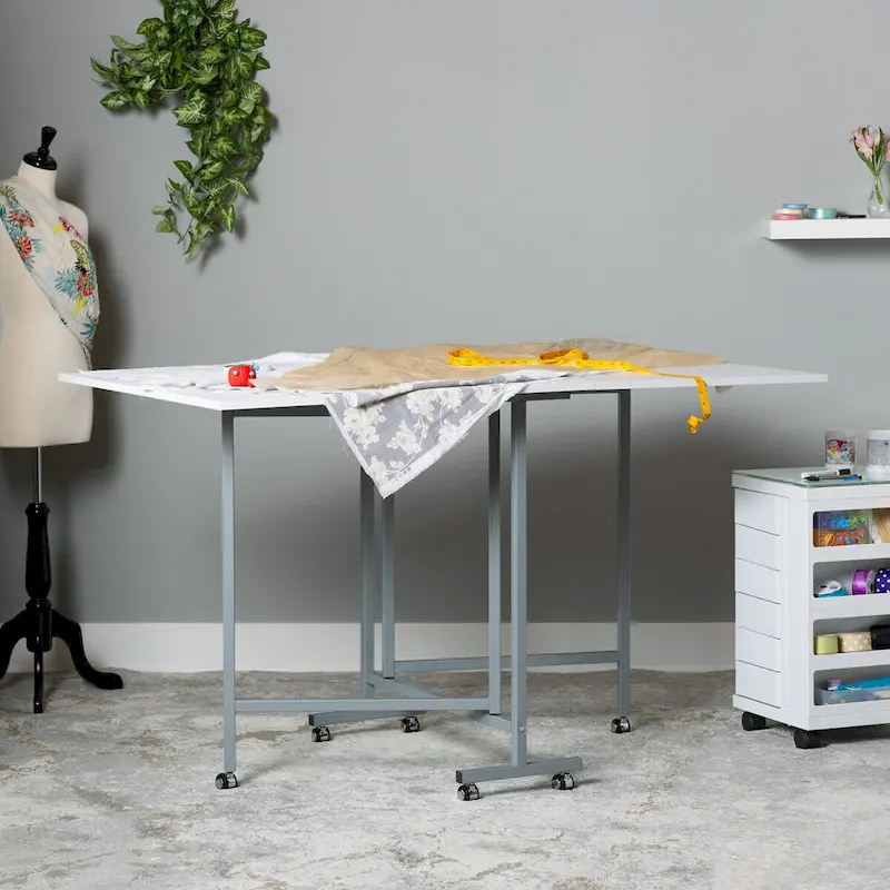 White/Silver Folding Craft & Cutting Table with Casters, 1-Person
