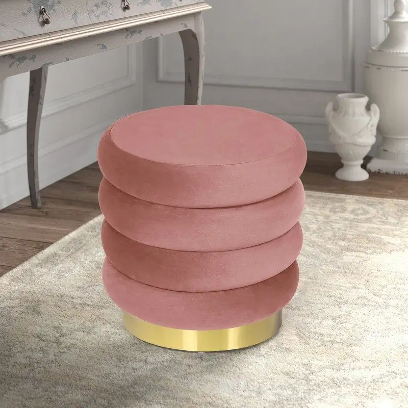 Round Velvet Ottoman Footstool, Multi-Color, Single Seat, Gold Metal Legs