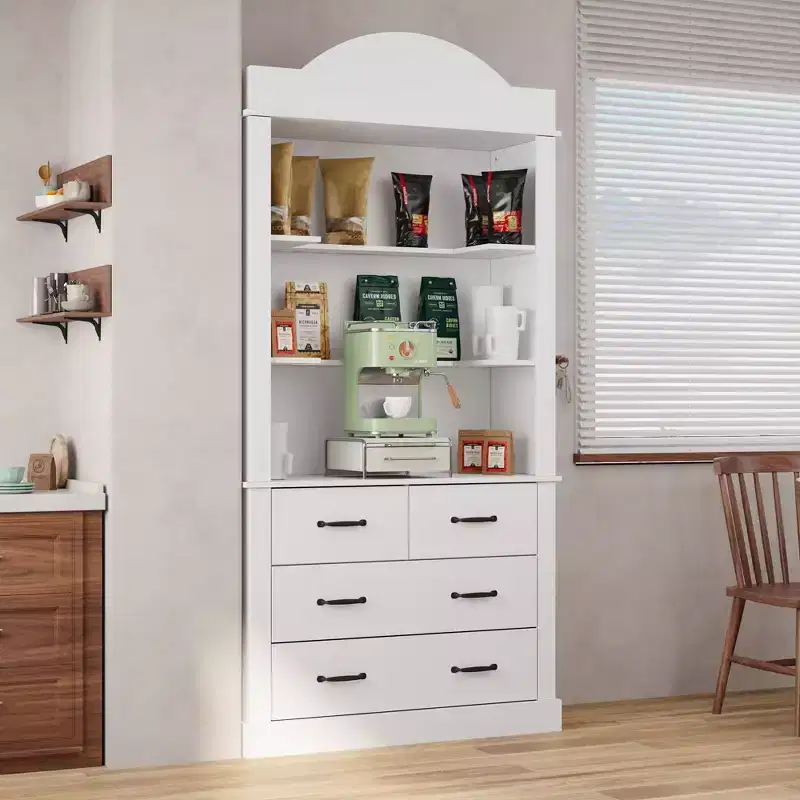 Hitow Freestanding Kitchen Pantry Cabinet Kitchen Storage Hutch with 4 Drawers/Open Shelves Organizer Cabinet for Kitchen & Coffee Bar