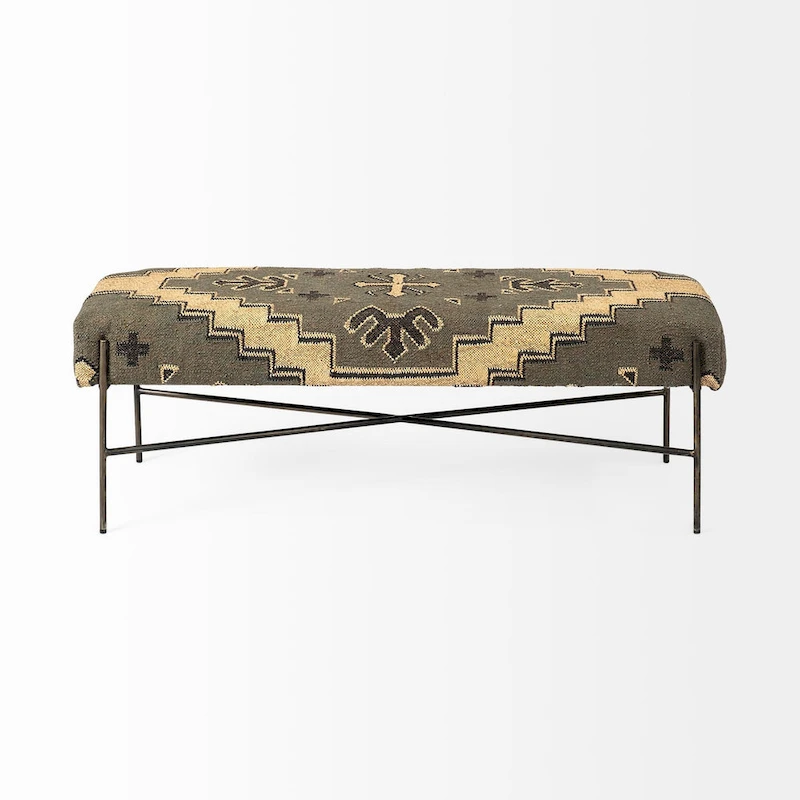 HomeRoots 55 Green Brown and Black Upholstered Abstract Cotton Blend Bench - 55