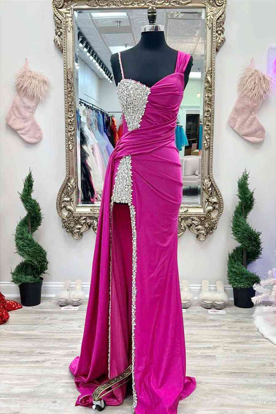 Chic Asymmertrical Fuchsia Beaded Long Porm Dress