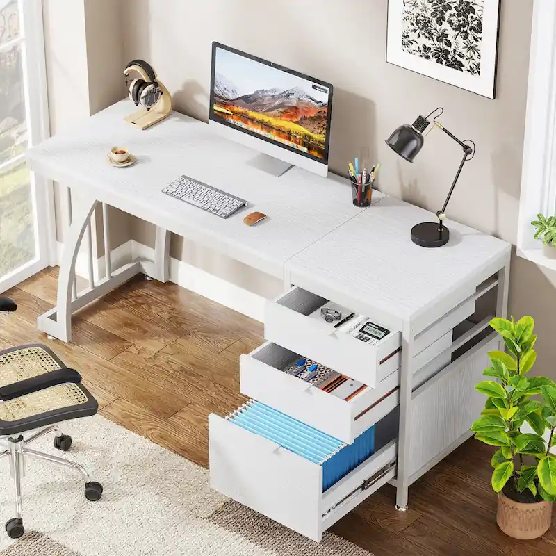 59-inch Wood/ Metal Computer Desk Writing Table with 3 Reversible Drawers