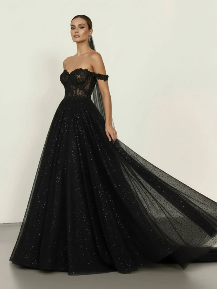 A-Line Black Gothic Wedding Dresses with Sequin Lace Appliques