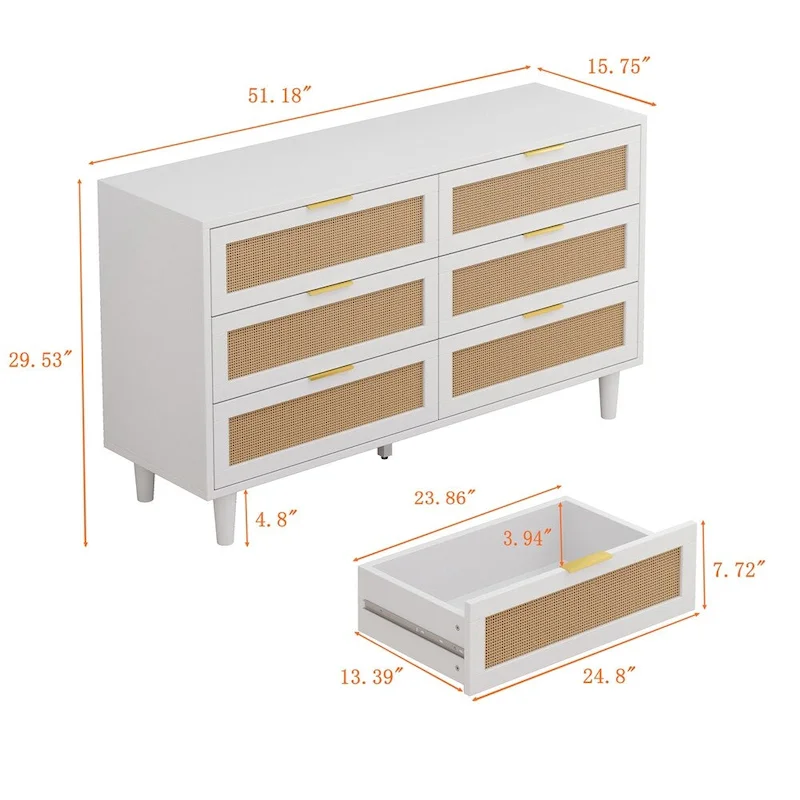 White Rattan 6-Drawer Dresser, Bedroom Storage for 1-2 Person