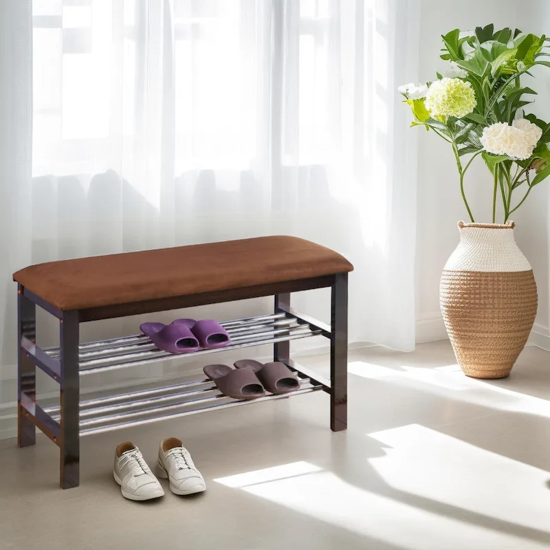 Dark Espresso Wood Shoe Bench with Chocolate Microfiber Seat