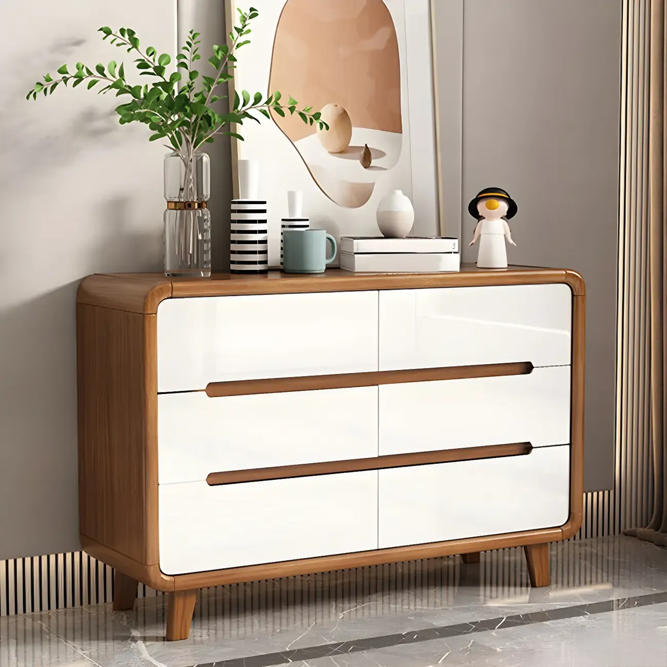 Traditional White-Brown Wooden Double Dresser Arched Edge