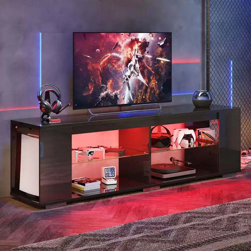 PINMOCO 70 inch High Glossy TV Stand for TVs up to 80 inch with LED and Adjust Side Shelves Entertainment Center
